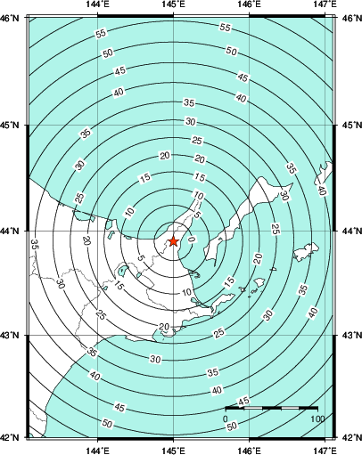 緊急地震速報第1報提供から主要動到達までの時間及び推計震度分布図