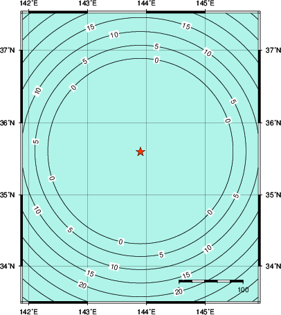 緊急地震速報第1報提供から主要動到達までの時間及び推計震度分布図