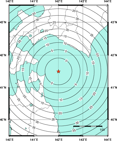 緊急地震速報第1報提供から主要動到達までの時間及び推計震度分布図