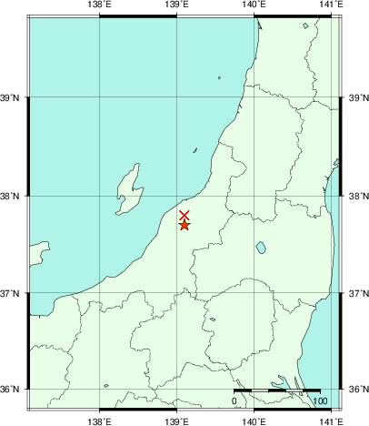推定した震源の位置