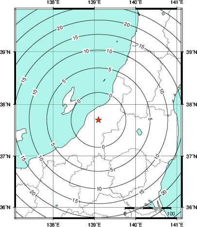 緊急地震速報第1報提供から主要動到達までの時間及び推計震度分布図