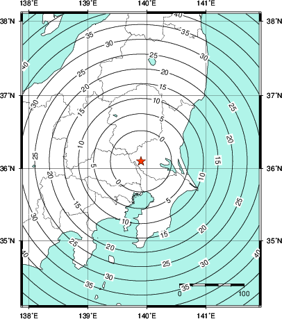 緊急地震速報第1報提供から主要動到達までの時間及び推計震度分布図
