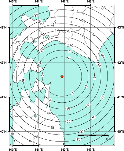 緊急地震速報第1報提供から主要動到達までの時間及び推計震度分布図