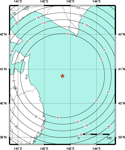 緊急地震速報第1報提供から主要動到達までの時間及び推計震度分布図