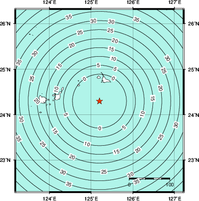 緊急地震速報第1報提供から主要動到達までの時間及び推計震度分布図