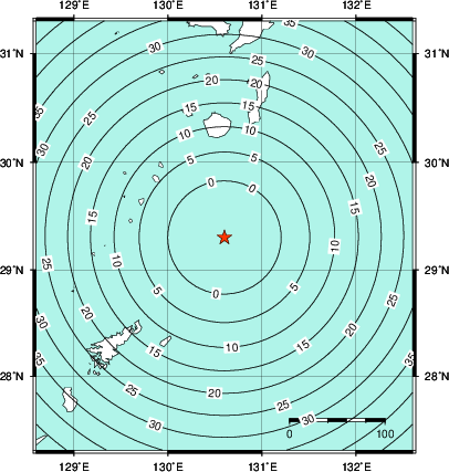 緊急地震速報第1報提供から主要動到達までの時間及び推計震度分布図