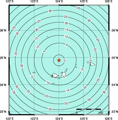 緊急地震速報第1報提供から主要動到達までの時間及び推計震度分布図