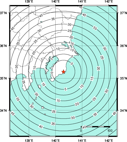 緊急地震速報第1報提供から主要動到達までの時間及び推計震度分布図
