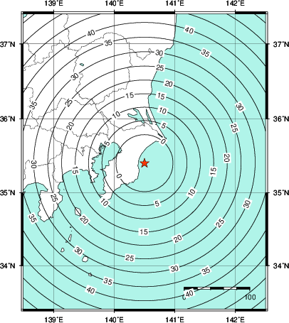 緊急地震速報第1報提供から主要動到達までの時間及び推計震度分布図