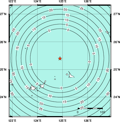 緊急地震速報第1報提供から主要動到達までの時間及び推計震度分布図