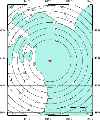 緊急地震速報第1報提供から主要動到達までの時間及び推計震度分布図