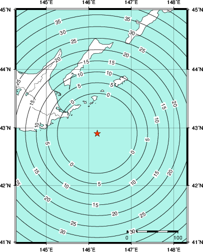 緊急地震速報第1報提供から主要動到達までの時間及び推計震度分布図