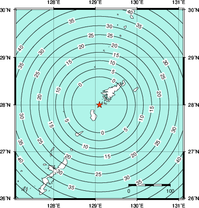 緊急地震速報第1報提供から主要動到達までの時間及び推計震度分布図