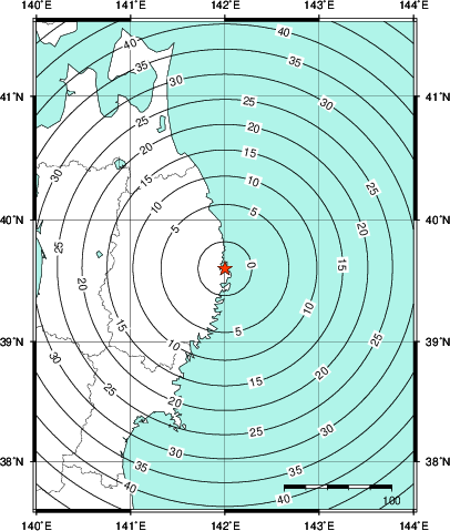 緊急地震速報第1報提供から主要動到達までの時間及び推計震度分布図