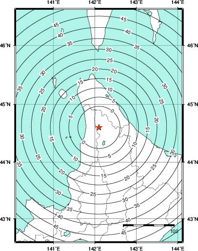 緊急地震速報第1報提供から主要動到達までの時間及び推計震度分布図