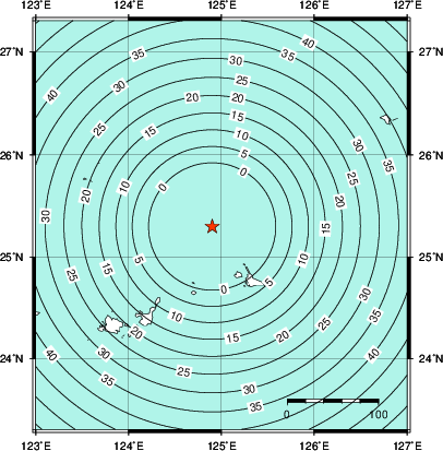 緊急地震速報第1報提供から主要動到達までの時間及び推計震度分布図