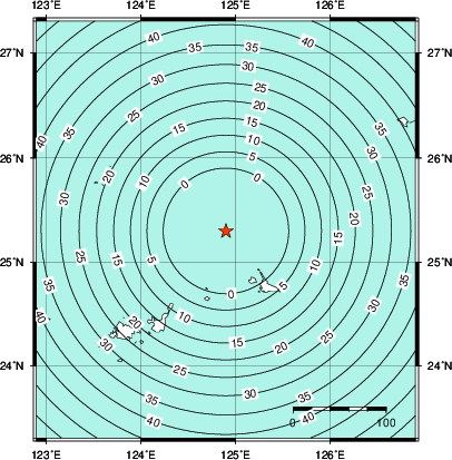 緊急地震速報第1報提供から主要動到達までの時間及び推計震度分布図