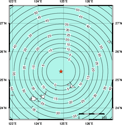 緊急地震速報第1報提供から主要動到達までの時間及び推計震度分布図