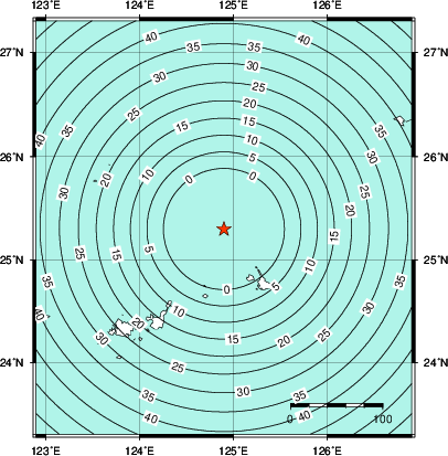 緊急地震速報第1報提供から主要動到達までの時間及び推計震度分布図