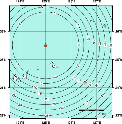 緊急地震速報第1報提供から主要動到達までの時間及び推計震度分布図