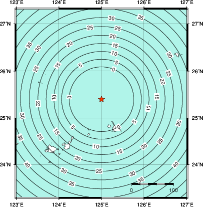 緊急地震速報第1報提供から主要動到達までの時間及び推計震度分布図