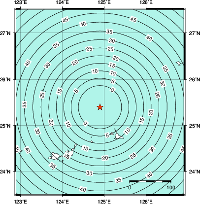 緊急地震速報第1報提供から主要動到達までの時間及び推計震度分布図