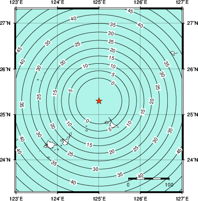 緊急地震速報第1報提供から主要動到達までの時間及び推計震度分布図