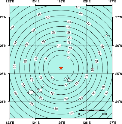 緊急地震速報第1報提供から主要動到達までの時間及び推計震度分布図