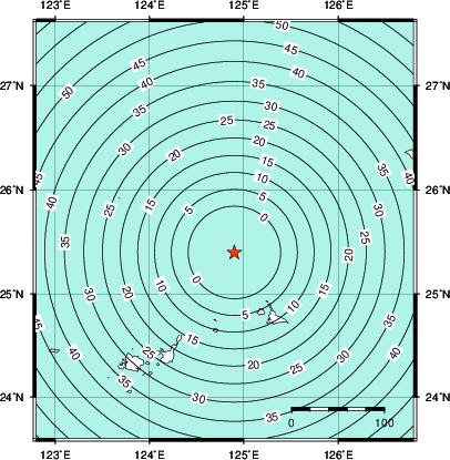 緊急地震速報第1報提供から主要動到達までの時間及び推計震度分布図