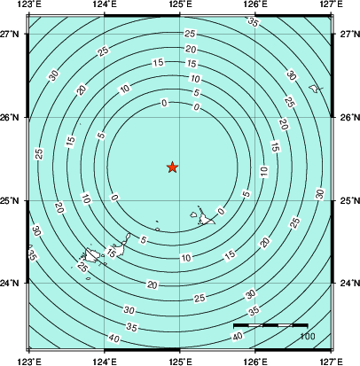 緊急地震速報第1報提供から主要動到達までの時間及び推計震度分布図