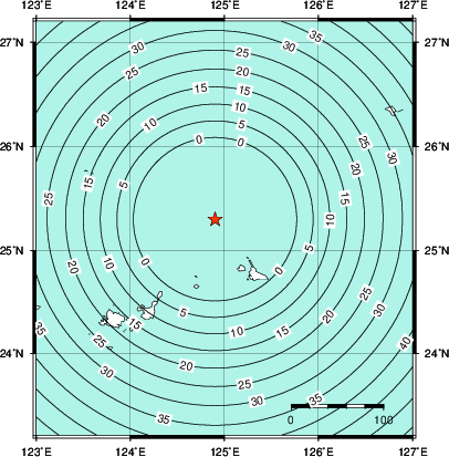 緊急地震速報第1報提供から主要動到達までの時間及び推計震度分布図