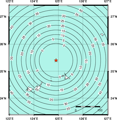 緊急地震速報第1報提供から主要動到達までの時間及び推計震度分布図