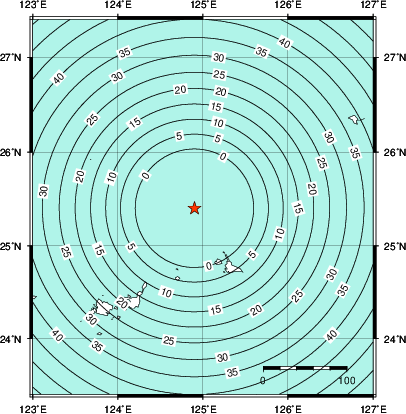 緊急地震速報第1報提供から主要動到達までの時間及び推計震度分布図