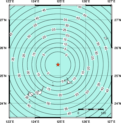 緊急地震速報第1報提供から主要動到達までの時間及び推計震度分布図