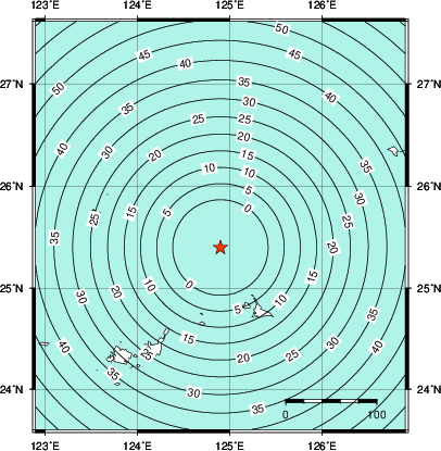 緊急地震速報第1報提供から主要動到達までの時間及び推計震度分布図