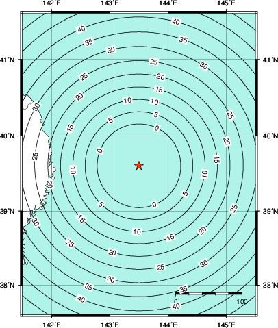 緊急地震速報第1報提供から主要動到達までの時間及び推計震度分布図