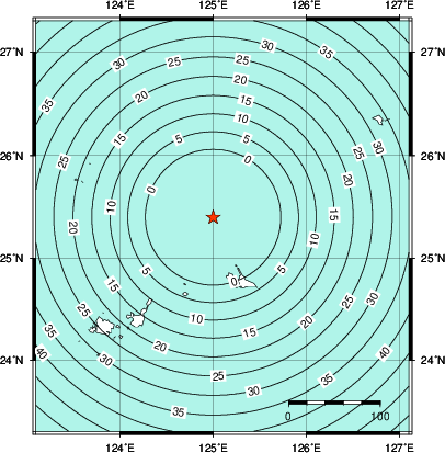 緊急地震速報第1報提供から主要動到達までの時間及び推計震度分布図