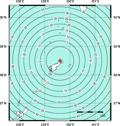 緊急地震速報第1報提供から主要動到達までの時間及び推計震度分布図