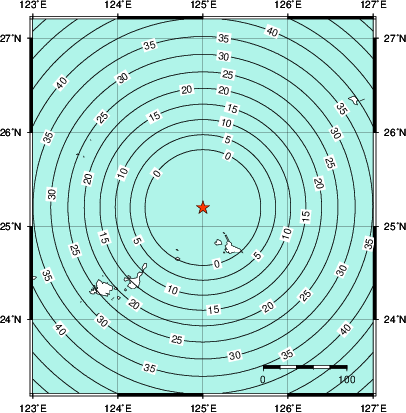 緊急地震速報第1報提供から主要動到達までの時間及び推計震度分布図