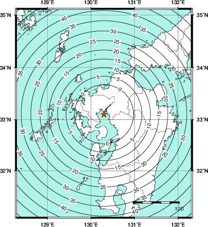 緊急地震速報第1報提供から主要動到達までの時間及び推計震度分布図