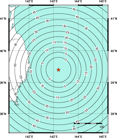 緊急地震速報第1報提供から主要動到達までの時間及び推計震度分布図