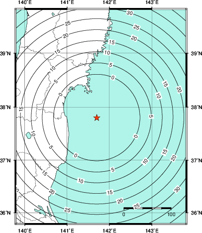 緊急地震速報第1報提供から主要動到達までの時間及び推計震度分布図