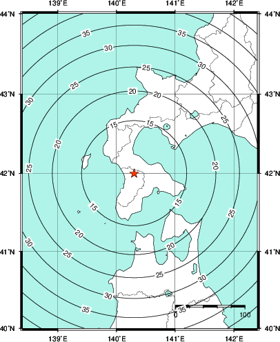 緊急地震速報第1報提供から主要動到達までの時間及び推計震度分布図