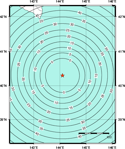 緊急地震速報第1報提供から主要動到達までの時間及び推計震度分布図