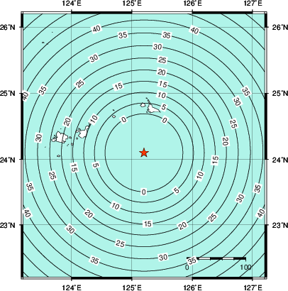 緊急地震速報第1報提供から主要動到達までの時間及び推計震度分布図