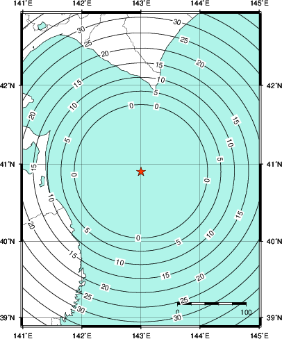 緊急地震速報第1報提供から主要動到達までの時間及び推計震度分布図