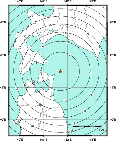 緊急地震速報第1報提供から主要動到達までの時間及び推計震度分布図