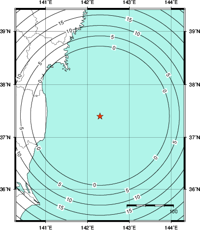 緊急地震速報第1報提供から主要動到達までの時間及び推計震度分布図