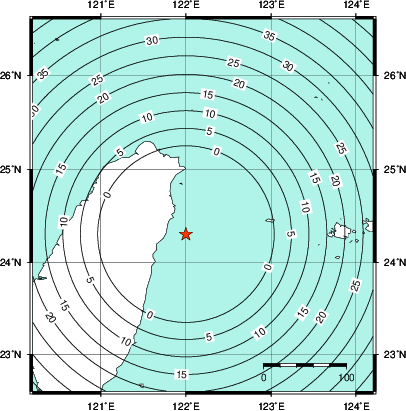 緊急地震速報第1報提供から主要動到達までの時間及び推計震度分布図