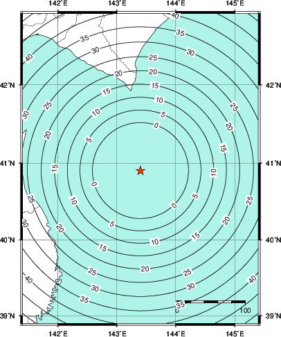 緊急地震速報第1報提供から主要動到達までの時間及び推計震度分布図